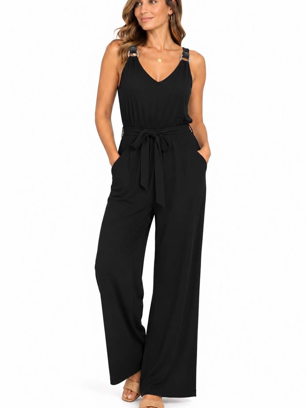 Black V-Neck Wide-Leg Jumpsuit with Tie Waist